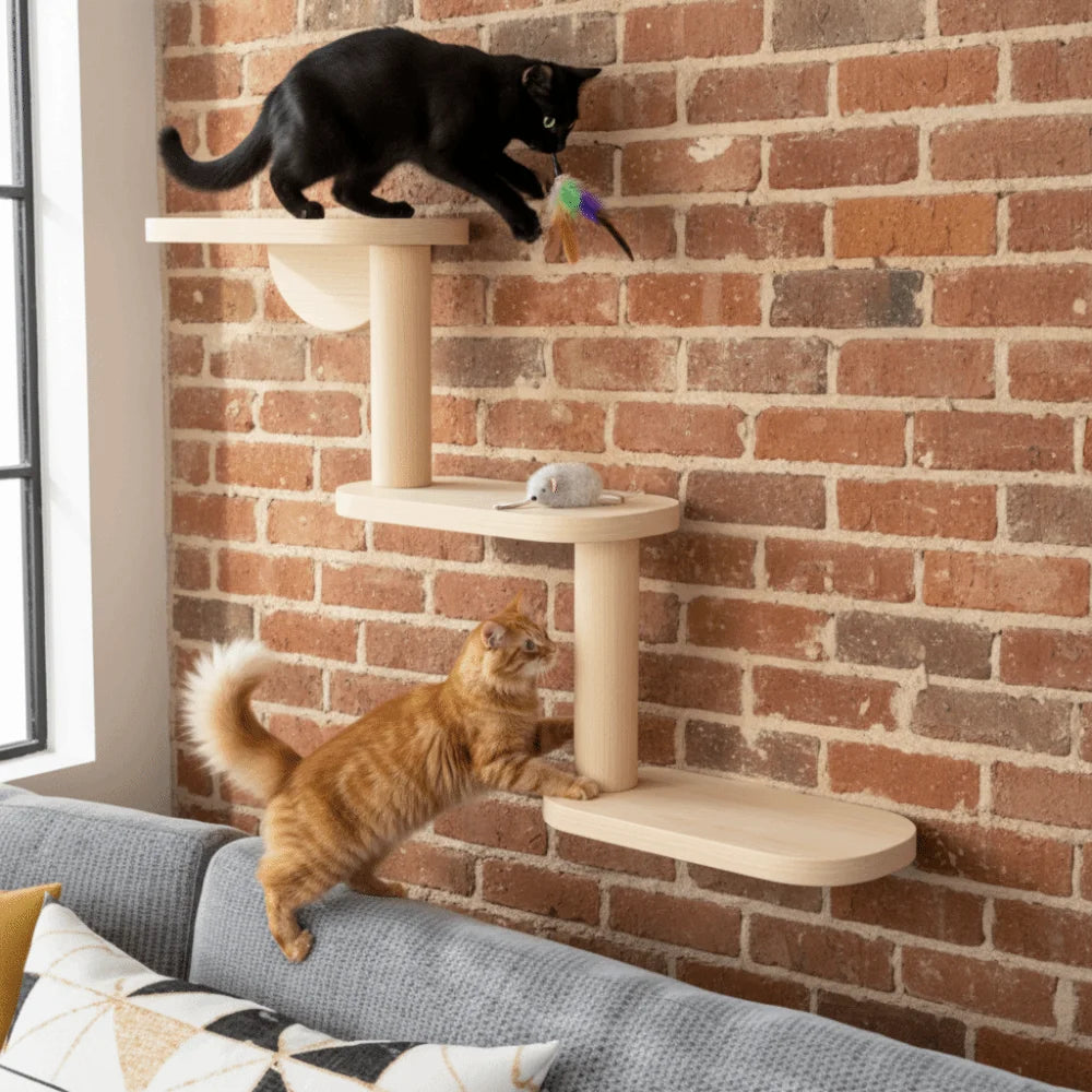 Solid Wood Cat Climbing Shelves 3-Level Floating Shelves Cat Climbing Ladder Space Saving Cat Perch Pet Playground