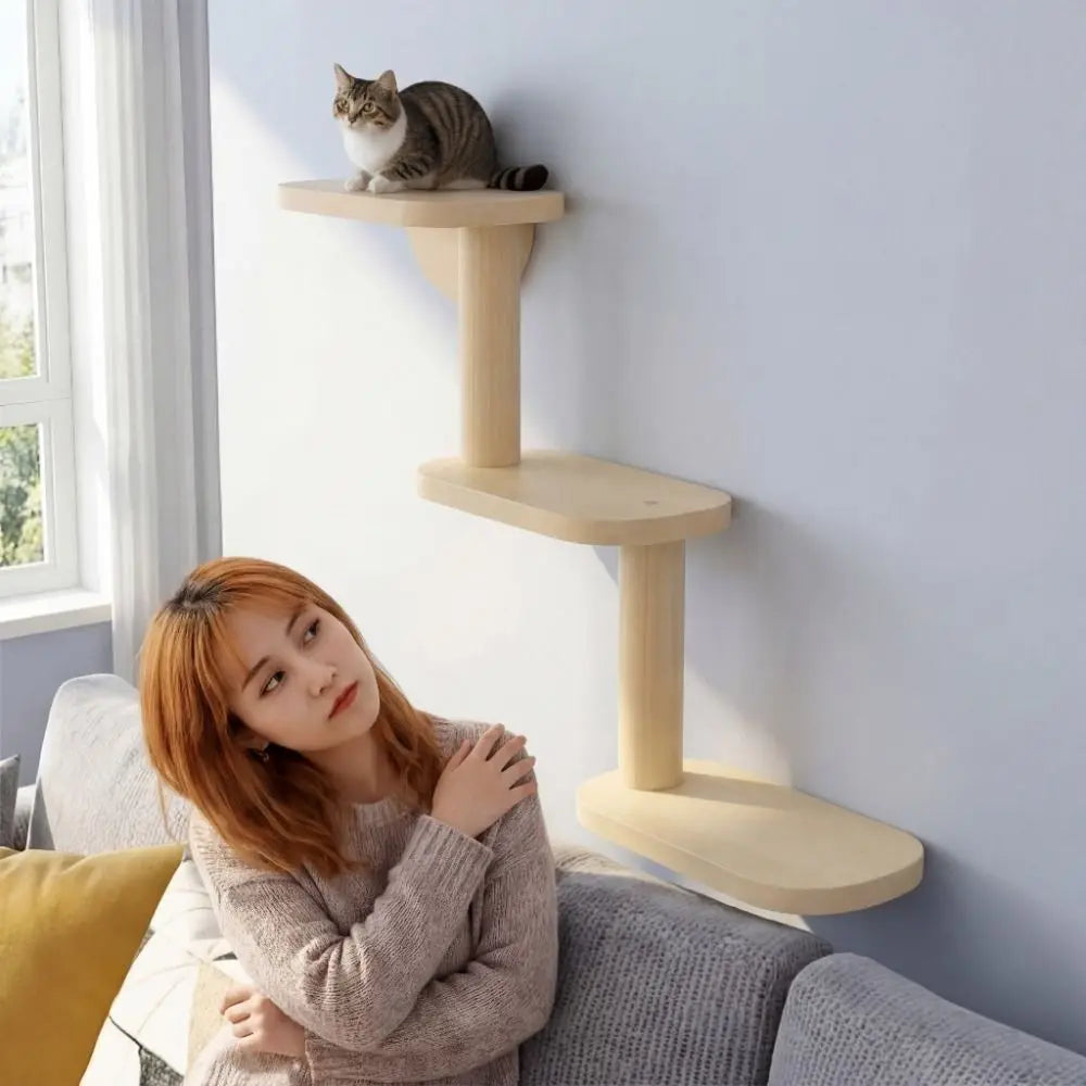Solid Wood Cat Climbing Shelves 3-Level Floating Shelves Cat Climbing Ladder Space Saving Cat Perch Pet Playground