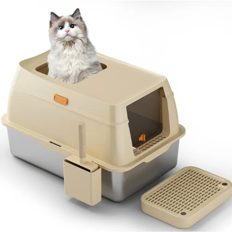 Stainless Steel Litter Box: Enclosed Top-Entry Design To Prevent Tracking & Easy To Clean Pet Cat Litter Box And Pet Supplies