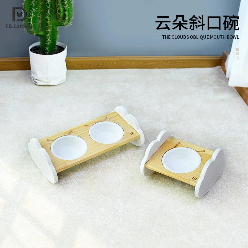Cat bowl, ceramic dog bowl, wooden stand, pet bowl, elevated angled mouth to protect cervical spine, cat bowl, cat supplies