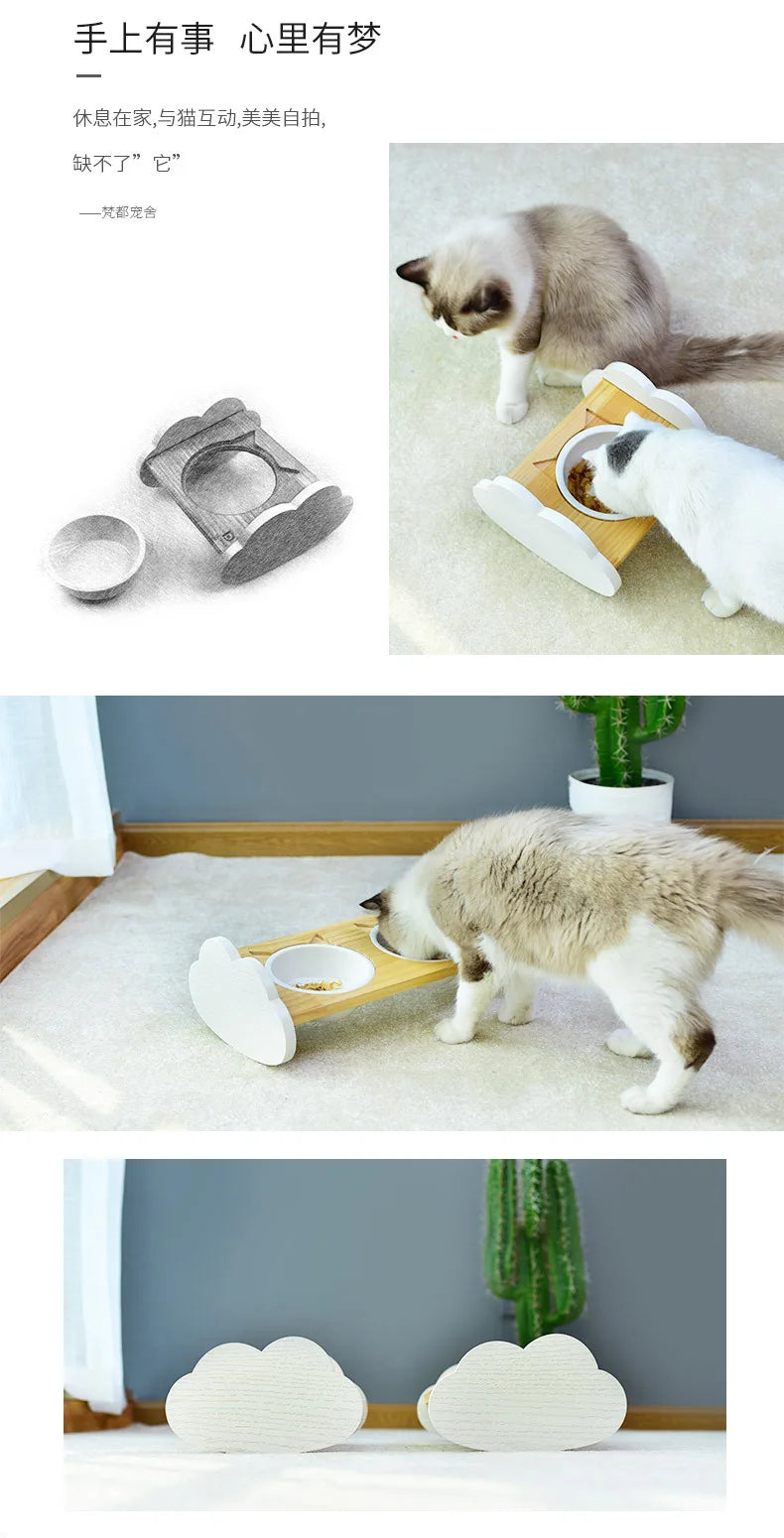Cat bowl, ceramic dog bowl, wooden stand, pet bowl, elevated angled mouth to protect cervical spine, cat bowl, cat supplies