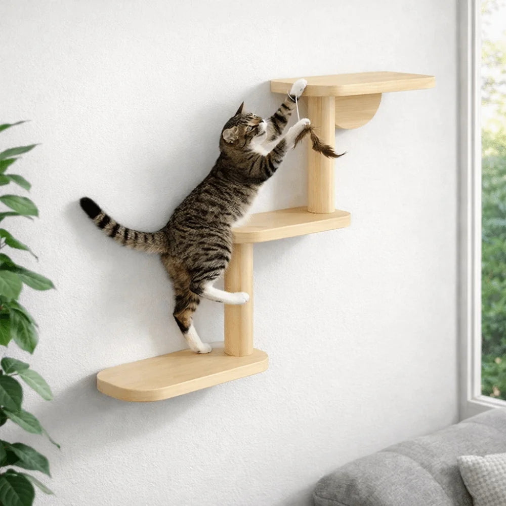Solid Wood Cat Climbing Shelves 3-Level Floating Shelves Cat Climbing Ladder Space Saving Cat Perch Pet Playground