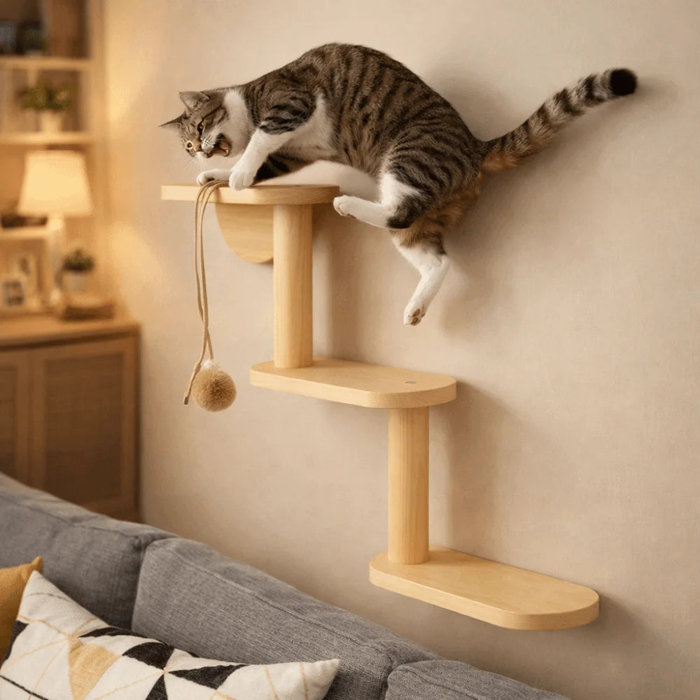 Solid Wood Cat Climbing Shelves 3-Level Floating Shelves Cat Climbing Ladder Space Saving Cat Perch Pet Playground
