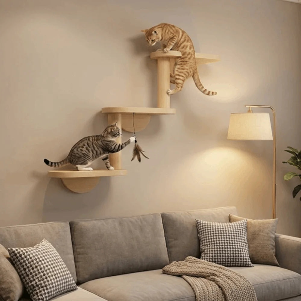 Solid Wood Cat Climbing Shelves 3-Level Floating Shelves Cat Climbing Ladder Space Saving Cat Perch Pet Playground